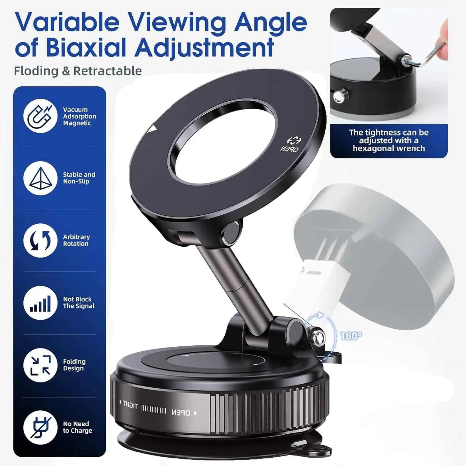 Foldable Magnetic Car Phone Holder – N52 Magnet, 360° Rotatable, Suction Cup for Dashboard, ABS, with Wrench & Pad, Gift
