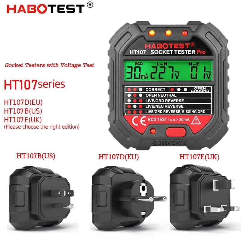 HT107 Outlet Socket Tester Digital Plug AC Voltage Detect 30mA RCD Test Polarity Phase Check Circuit Checker Bicolor Backlight