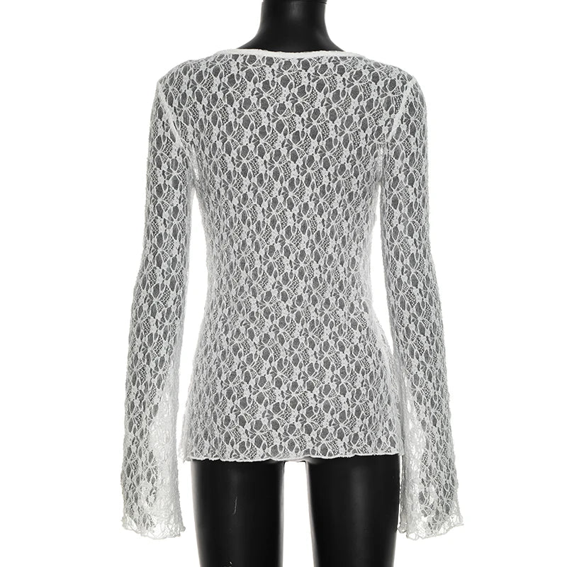 French style pure desire V-neck lace long sleeved shirt, slimming and versatile, long sleeved top