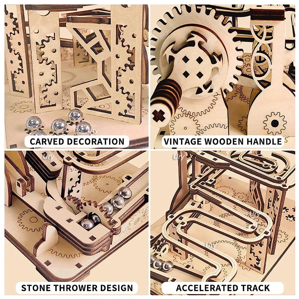 Ury 3D Wooden Puzzles Catapult Track Device Marble Run Set Mechanical Manual Model Science Maze Ball Assembly Toy Gift for Teens
