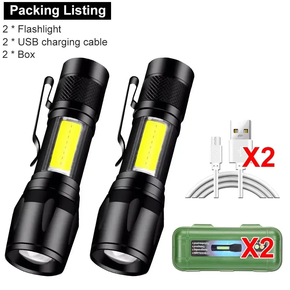 Rechargeable LED Pocket Flashlights with Pen Clip Zoom Mini Light 3 Lighting Mode with Side Lamp for Outdoor Camping Emer