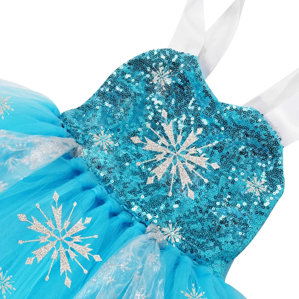 Sequins Elsa Costume for Girls Sky Blue Snow Queen Tutu Dress Snowflake Kids Halloween Birthday Carnival Party Princess Costume