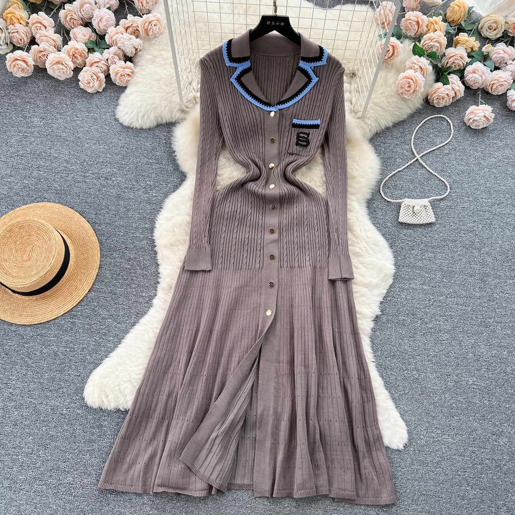 SINGREINY Autumn Winter Wear Dress Women Polo Single Breasted Pocket Design Bodycon Knitting Temperament Sweater Long Dresses