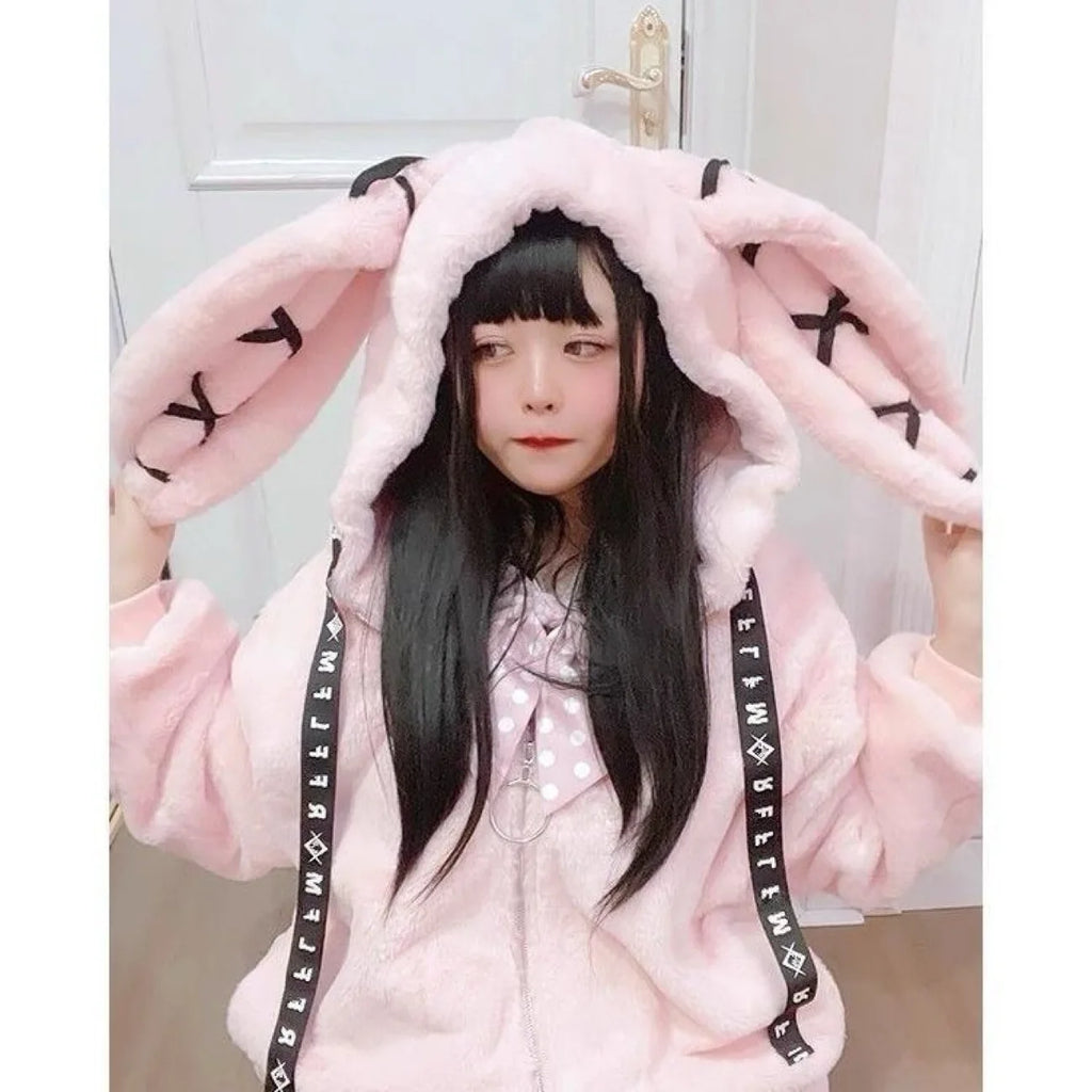 2026 New Harajuku Rabbit Ears Plush Coat Winter New Japanese Plush Coat Women Dark Punk Medium Plush Coat