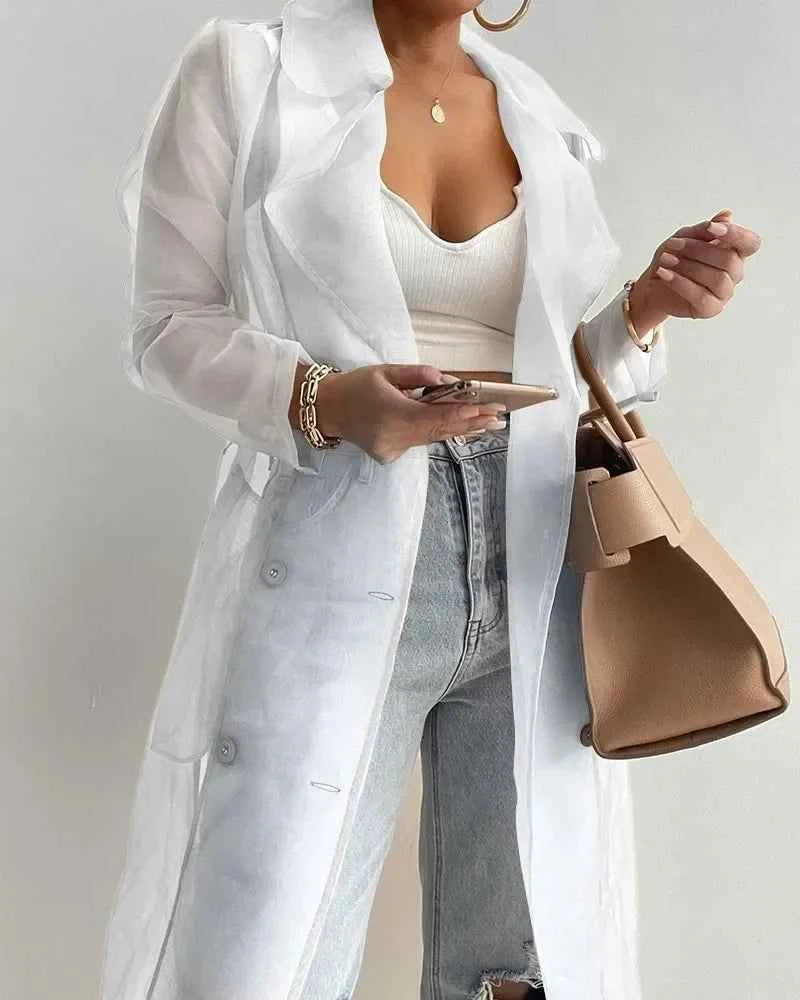 Joskaa Solid Organza See Through Lapel Full Sleeve Trench 2023 Summer Women Fashion Buttoned Coat with Belt Elegant Shirts