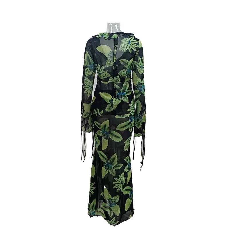 Print Y2K Mesh Long Sleeve Top Shirts Green and Maxi Skirt Bodycon Two Piece Sets Beach Outfits Women Club
