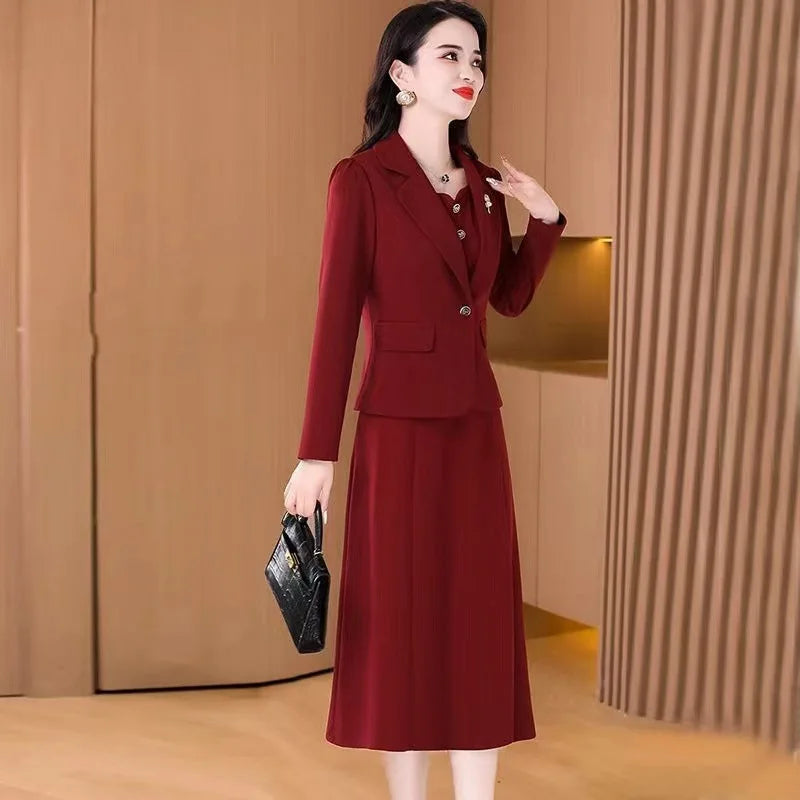 Fashionable Red Two-Piece Set Korean Japanese Style Women's Dress Suit Autumn Spring Lightweight Polyester Commute Style
