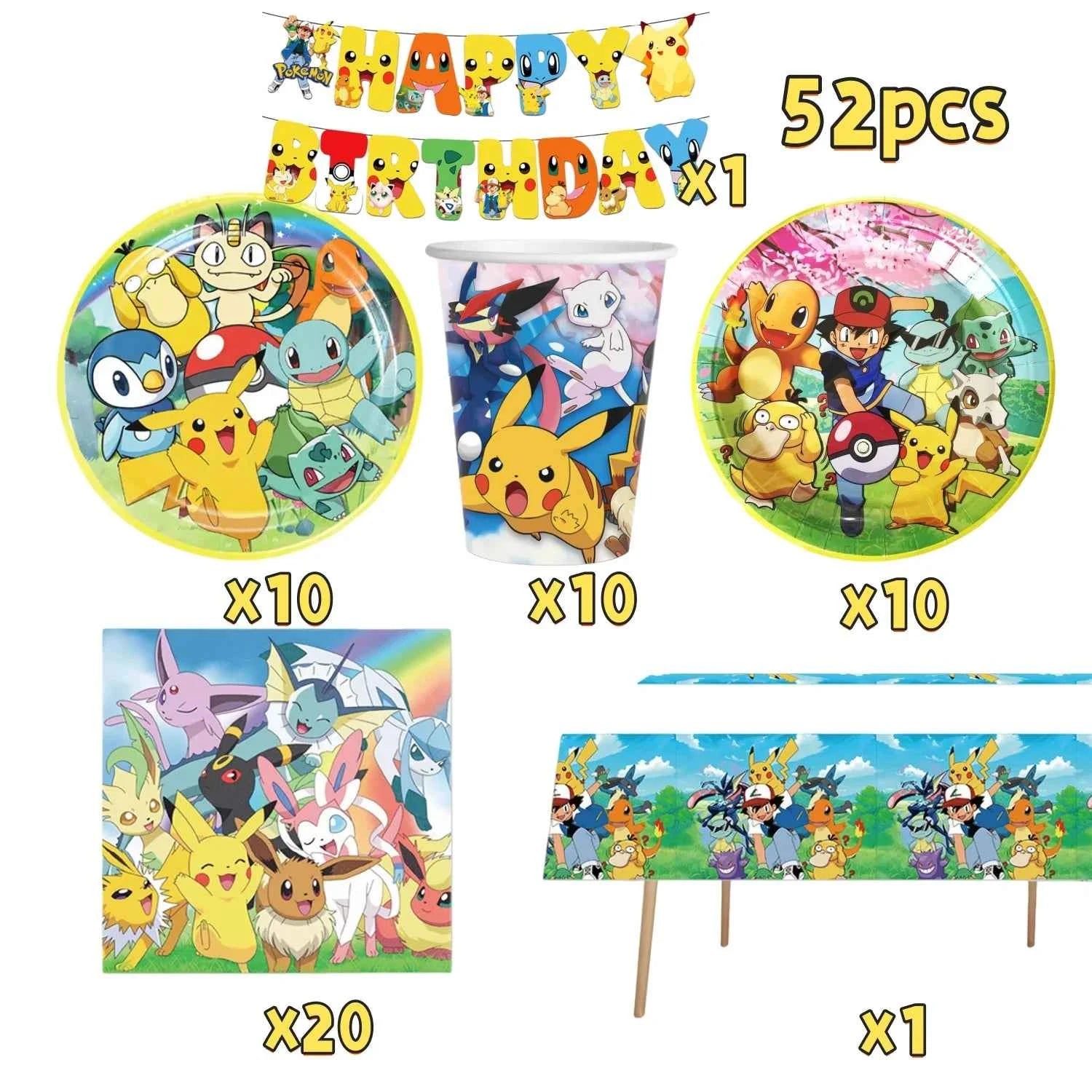 Pokemons Party Birthday Decoration Happy Pikachu Theme Tableware Cups Plates Balloons Banner Supplies Kids Favors Baby Shower