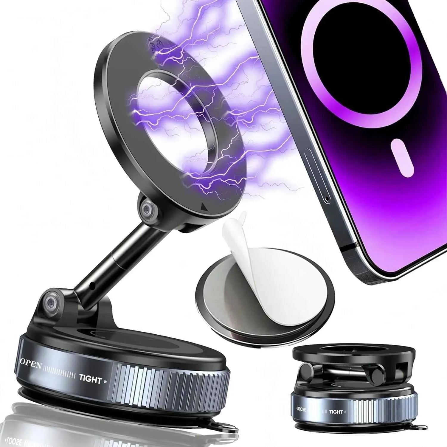 Foldable Magnetic Car Phone Holder – N52 Magnet, 360° Rotatable, Suction Cup for Dashboard, ABS, with Wrench & Pad, Gift