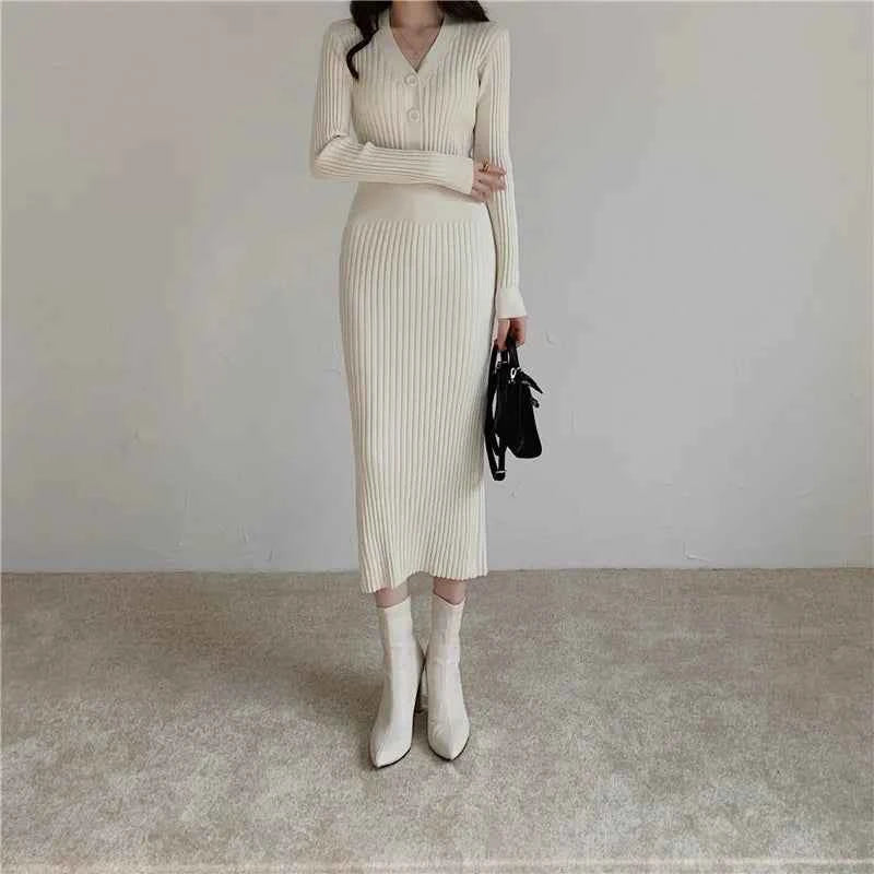 Autumn Winter Sweater Dress For Women 2024 New Arrivals Buttons Up V Neck High Waist Long Knitted Dress Korean Maxi Dresses