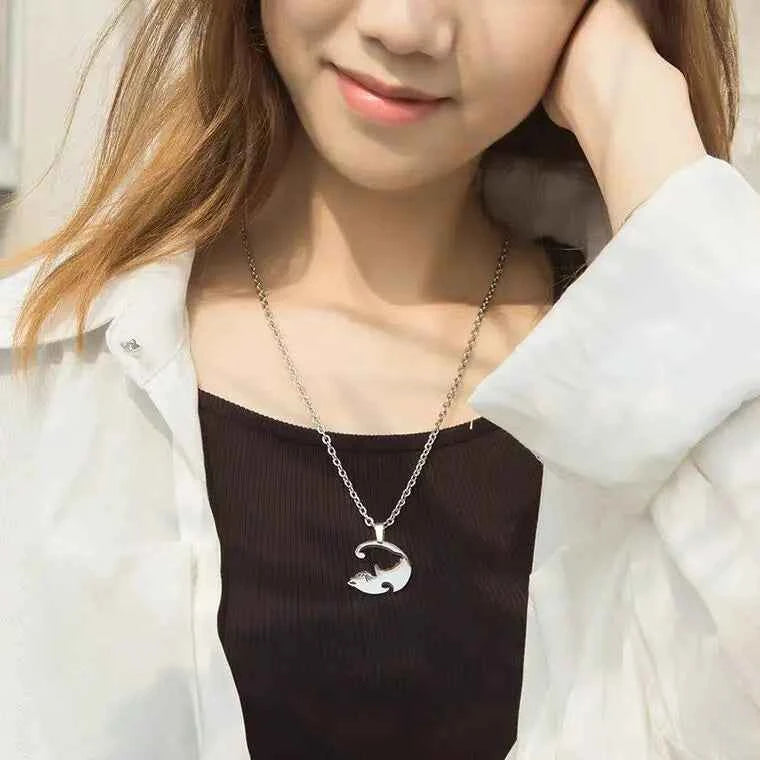 Two Cat Couple Necklaces Jewelry Stainless Steel Black White Kitten Animal Pendant Choker Necklace Lovers Friendship Gift