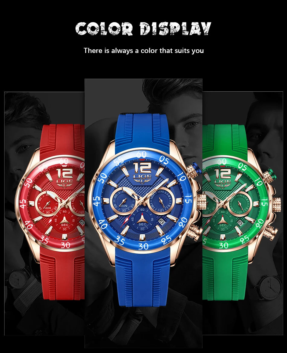 LIGE New Fashion Mens Watches Top Brand Luxury Quartz Wrist Watch Man Sport Red Silicone Watch for Men Reloj Hombre Chronograph