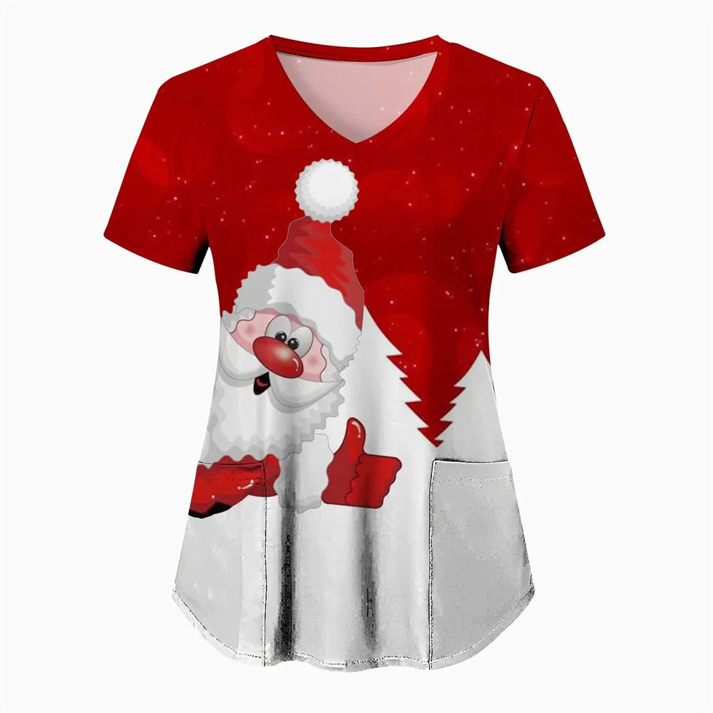 Womens Christmas Nurse T Shirt Print Short Sleeve V Neck Workwear With Pocket Working Nurse Work Wear Overalls Medical Uniforms
