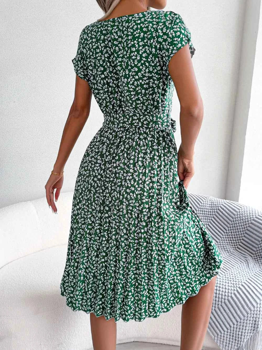 Ficusrong Fashion Floral Pleated A Line Long Dress Women Spring Summer Short Sleeve High Waist Chic Dress
