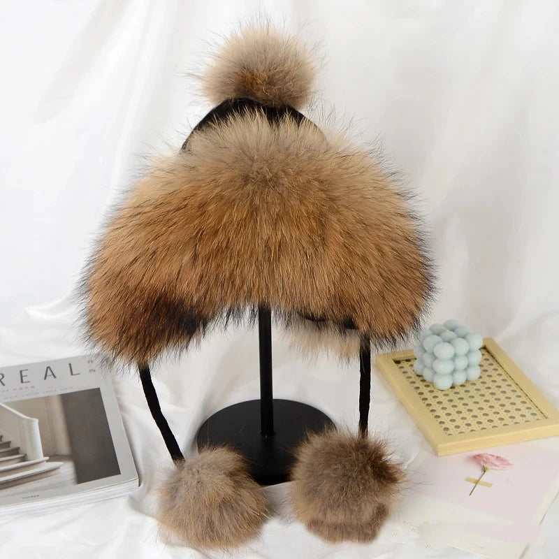 Winter Women Real Fox Fur Hat Fashion Casual Outdoor Warm Knitted Hats Girl Lovely 100% Natural Fox Fur Ear cap bomber caps