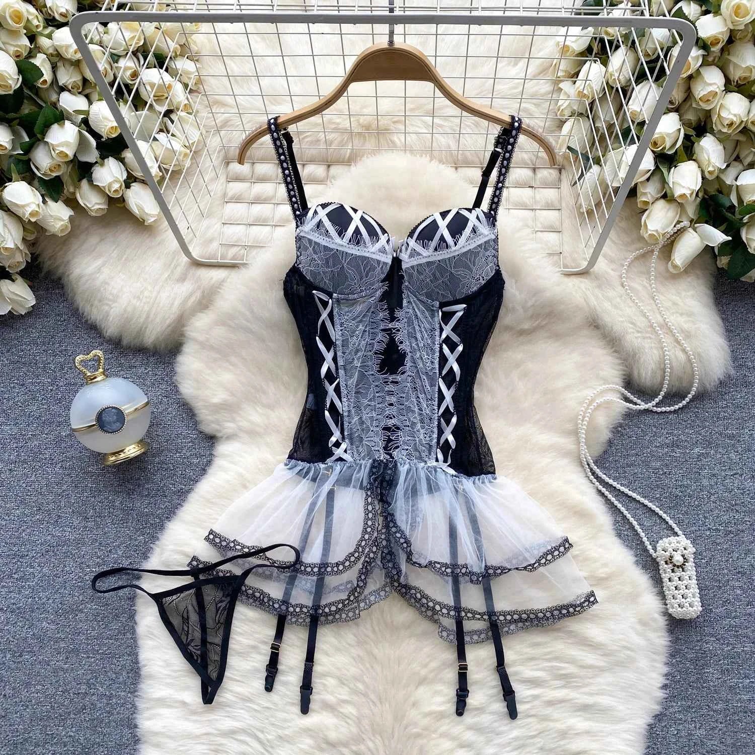 Girls Sexy Cute Japanese JK Uniform  Mini Checkered Strap Skirt Off Shoulder High Waist Elastic Cosplay Dress Hot Sweet Pajama