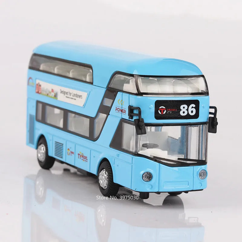 1/36 Scale Double Decker Bus Toy Car Model Alloy Diecast Sound Light Pull Back Doors Opened Vehicles Collectibles Birthday Gift