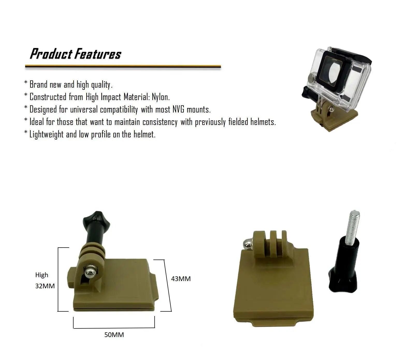 Aholdtech Tactical Bulletproof Helmet Accessories Flashlight Holder Light Clamp And NVG Mount Connector for Gopro Hero Cameras