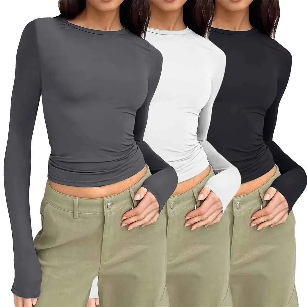 Y2k Long Sleeve T Shirt Women Spring Autumn Crop Top Casual Slim Fit Pullovers Solid O Neck T-shirts Streetwear Female Basic Tee