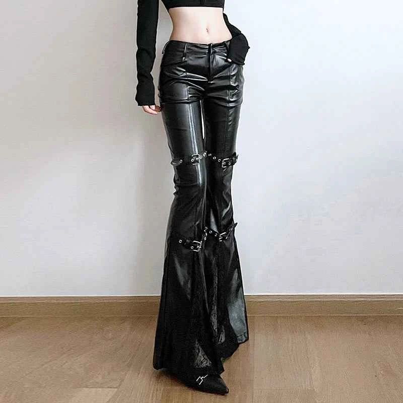 SUCHCUTE PU Leather Flare Pant Goth Buckle Lace Patchwork Pants Women Fashion Y2K Streetwear Vintage Aesthetics Casual Trouesrs