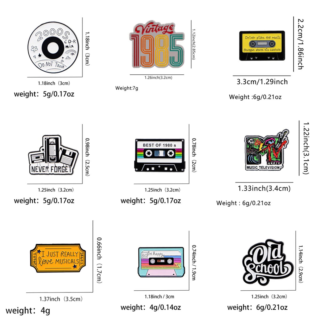 Vintage 1985 Brooch Creative Tape Enamel Pins Music TV Lapel Pin For Backpack Clothing Accessories Metal Badge Jewelry Gift