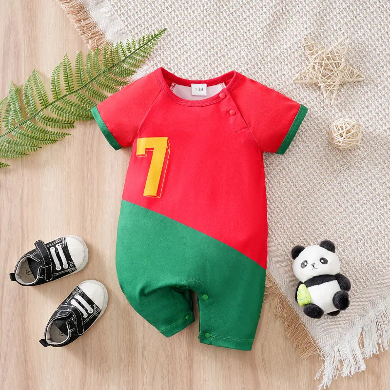 Newborn Baby Clothes Red and green Match colors No.7 Football suit 0 3 6 9 12 Months summer short-sleeved baby jumpsuit