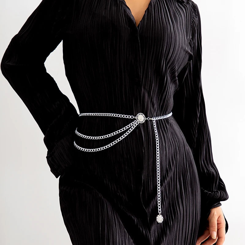 2023 New Fashion Multi-layer Chain Belt For Women Fashion Gold Silver Color Metal High Waist Body Chain Dress Lady Tassel Belt