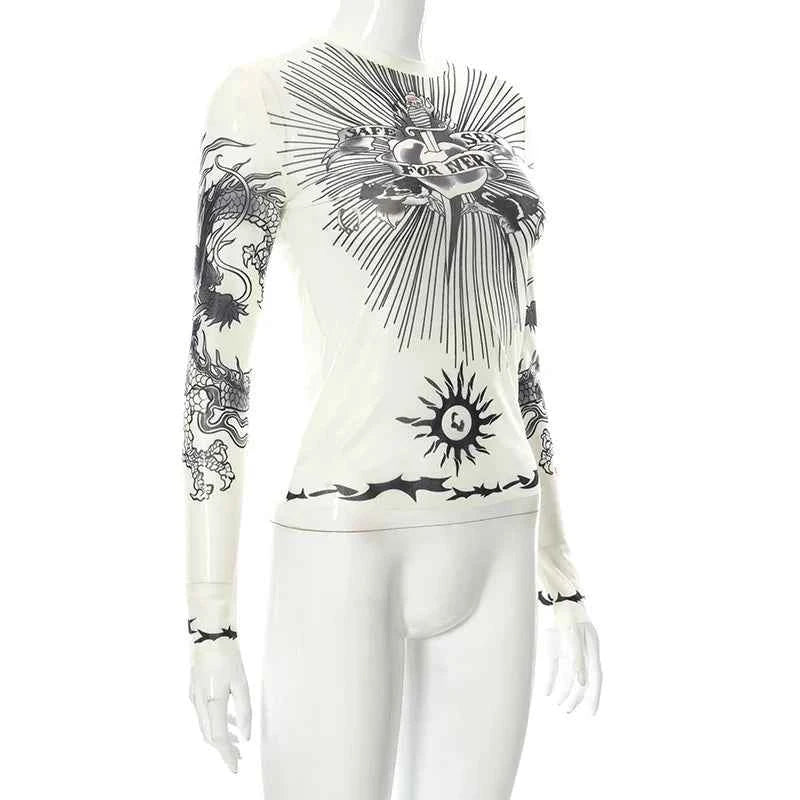 Y2k Aesthetic Punk Clothes Graphic Tees Women Gothic Fashion Full Sleeve Woman Tshirts See Through Streetwear Egirl Tops T Shirt
