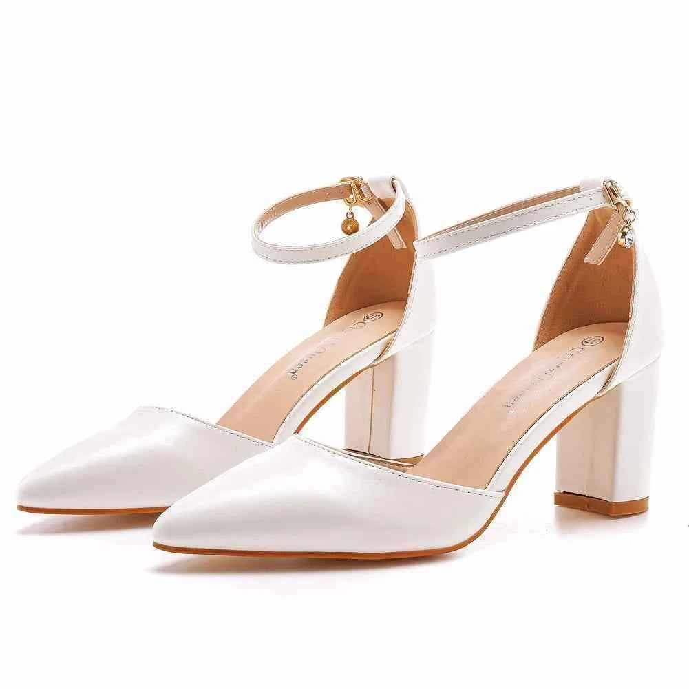 Crystal Queen Women 7CM Thick High Heels Sexy Pumps White Wedding Bride Shoes Pointed Toe Buckle Strap Sandals