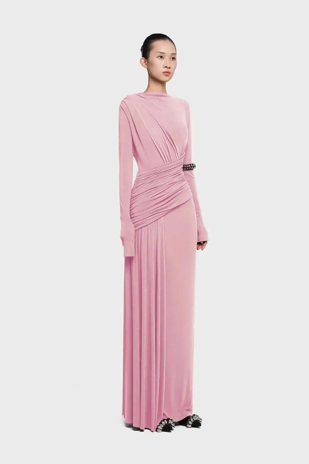 QMQA Fashion Women's Asymmetric Pleated Elegant Dress Solid Color Long Sleeve High Waist Slimming Party Dresses 2025 New QM519