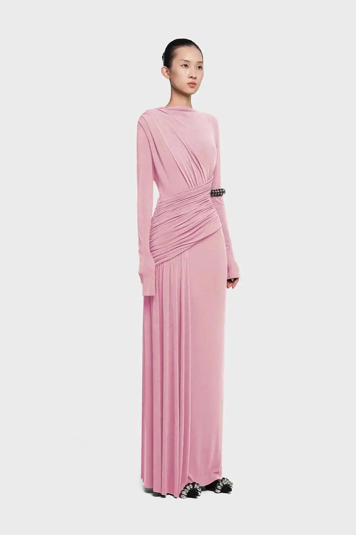 QMQA Fashion Women's Asymmetric Pleated Elegant Dress Solid Color Long Sleeve High Waist Slimming Party Dresses 2025 New QM519