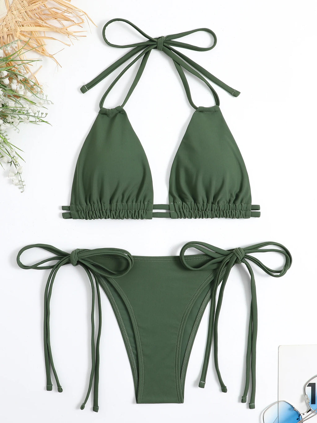 2025 Sexy Solid Bandage Bikini Halter Strappy Swimwear Women Swimsuit Female Two Pieces Bikini Set Low Waist Bathing Suit Bather