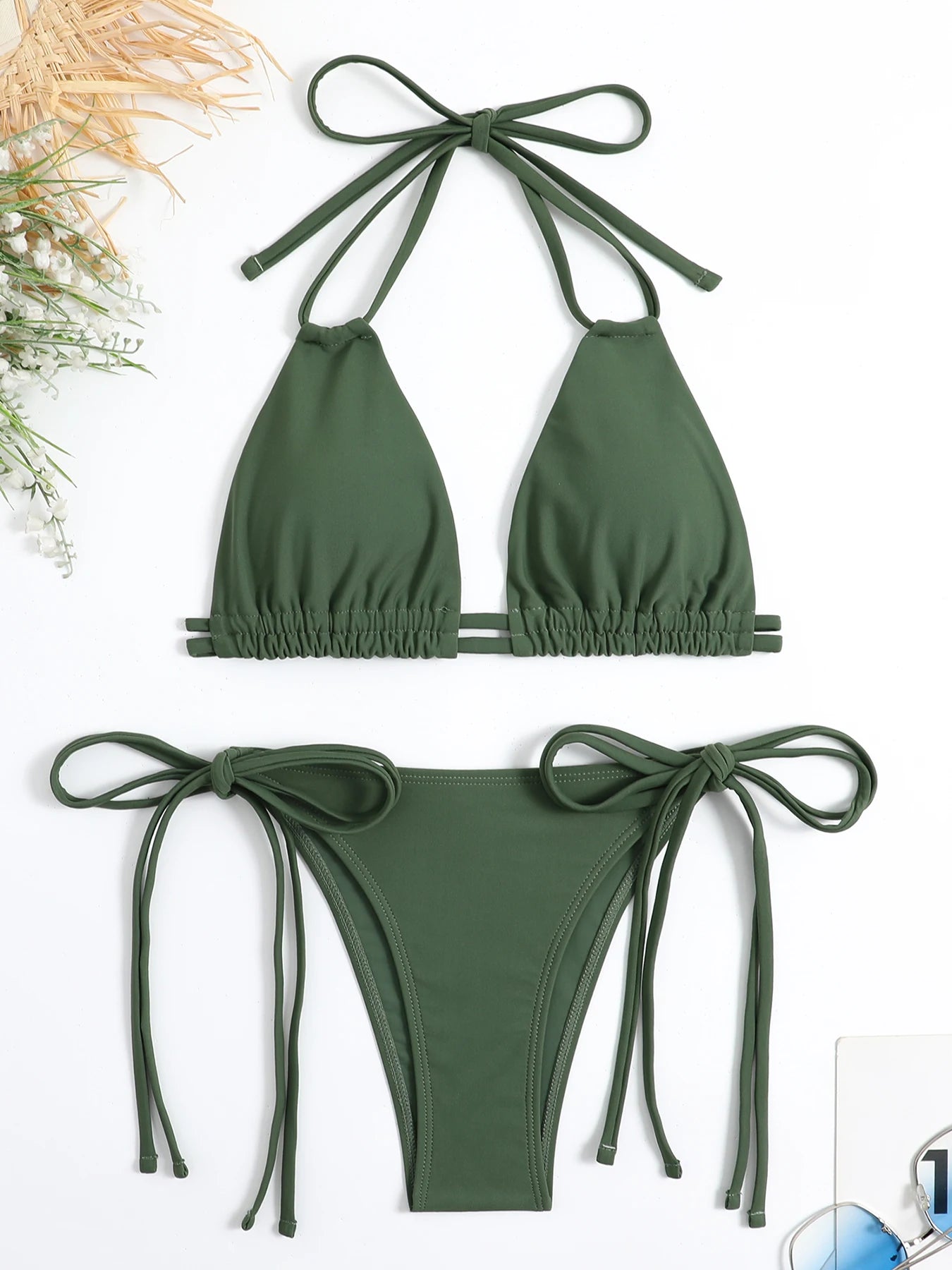 2025 Sexy Solid Bandage Bikini Halter Strappy Swimwear Women Swimsuit Female Two Pieces Bikini Set Low Waist Bathing Suit Bather