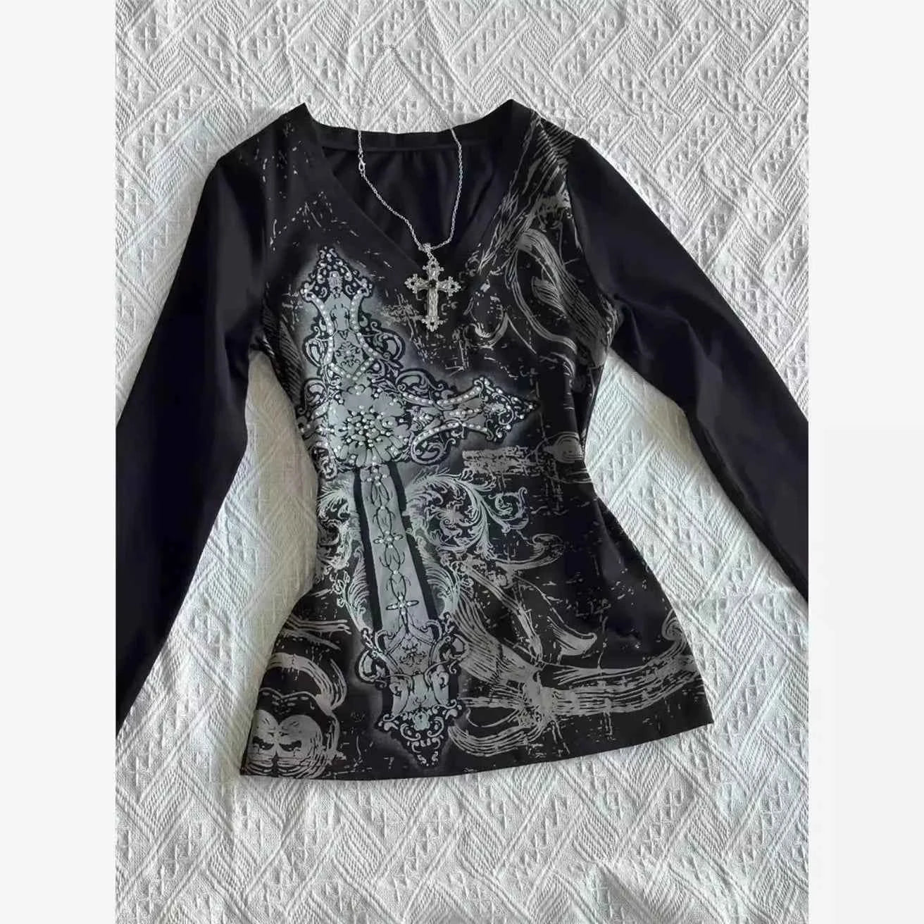 Retro Hip Hop Y2K T-Shirts Fashion Women Sexy Long Sleeve Gothic Vintage Punk Streetwear Tops Casual Slim Hot Girl Autumn Tees