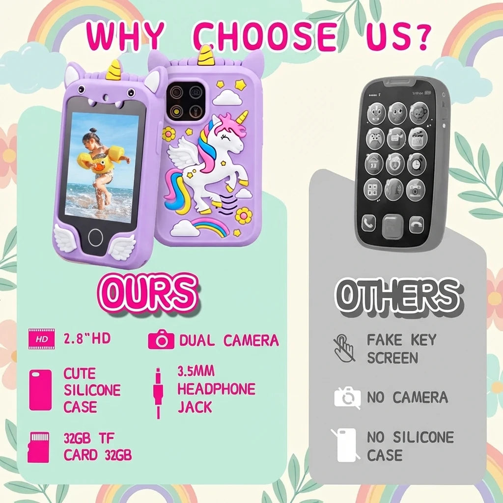 Kids Smartphone Toy with Camera & MP3 Player, Touchscreen Learning Phone for Boys Girls Silicone Pretend Cell Phone Gift