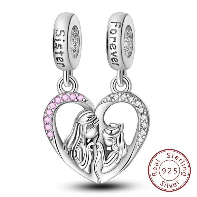 Original 925 Sterling Silver Charm Bead Mother's Day Love Heart Family Charm Bead Pendant Fits Bracelet Womens Jewelry Gifts
