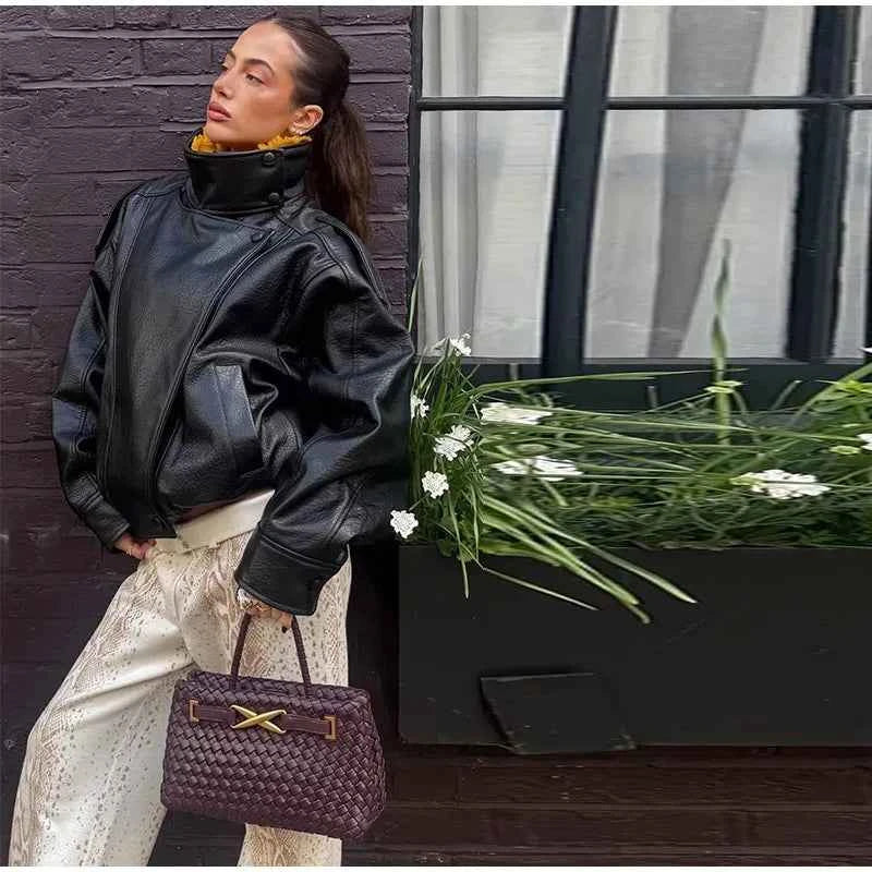 Vintage PU Leather Women's Jacket Stand Collar Zipper Button Coats Female Long Sleeve Outerwear Spring Lady Street Jackets