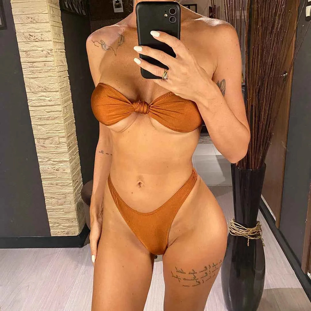 Bandeau Knotted Brazilian High Cut Bikini Women Swimwear Female Swimsuit Two-pieces Bikini set Bather Bathing Suit Swim V5930