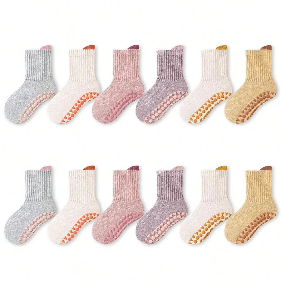 6 Pairs of Baby Floor Socks, Newborn Non-Slip Dotted Socks, All-Season Baby Loose-Top Cartoon Soft-Soled Indoor Socks for Girls and Children