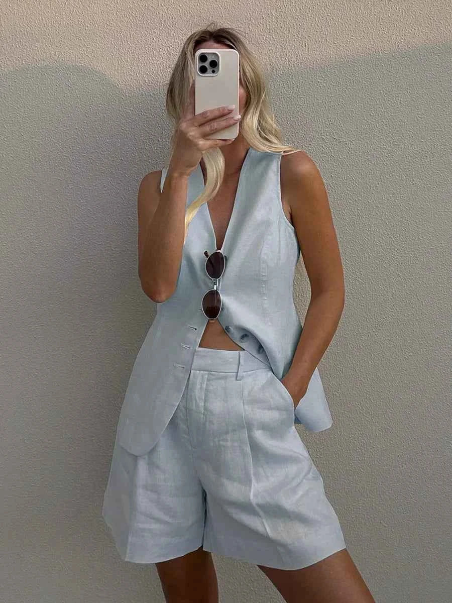 Wolfeel Cotton linen Chic Casual Vest Shorts Set Women's Fashion Commuter Sleeveless Tank Top Loose Shorts Suits Summer New