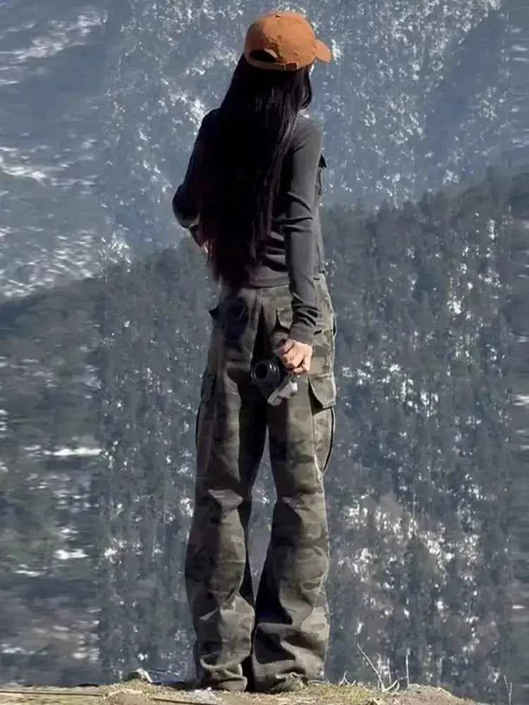 Y2k Clothes Jeans For Woman High Waist Flare Trousers Camouflage Cargo Wide Leg Straight Winter New Pants Slim Fit Fashion
