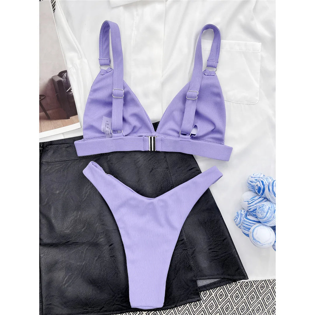 Sexy High Leg Cut Ribbed Bikini Women Swimwear Female Swimsuit Two-pieces Bikini set Padded Bather Bathing Suit Swim Lady V3255