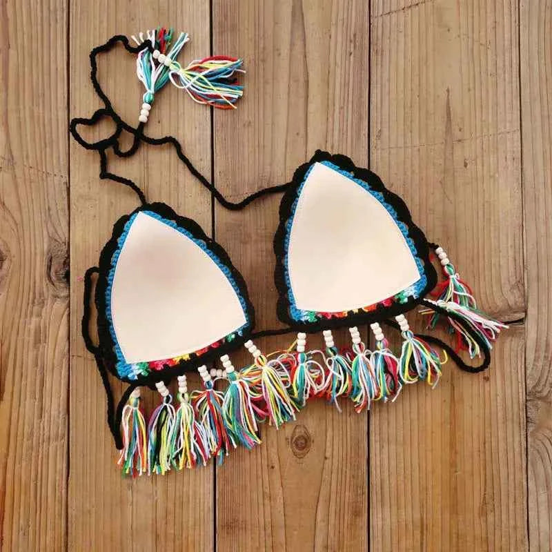 Handmade Crochet Bikini Set Rainbows Rasta Tassel Women Swimwear Push UP Sexy Swimsuit Vacation