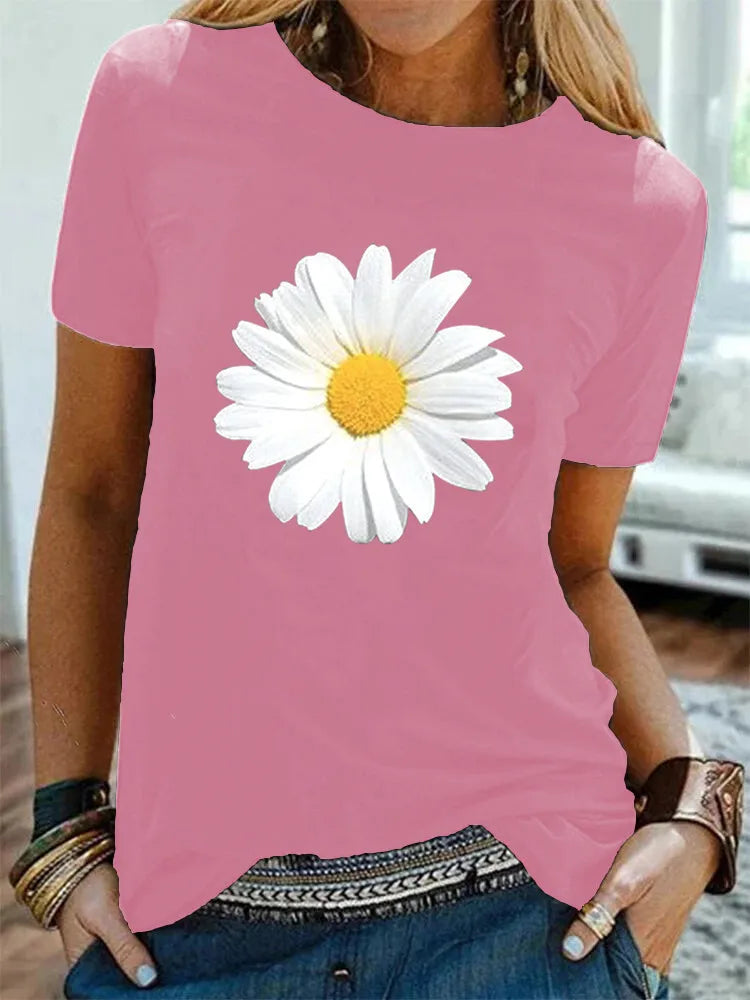 Cotton  100% Women's Round-neck Daisy Print Short-sleeved T-shirt for Women Harajuku  Aesthetic Clothes  Graphic T Shirts  Tops