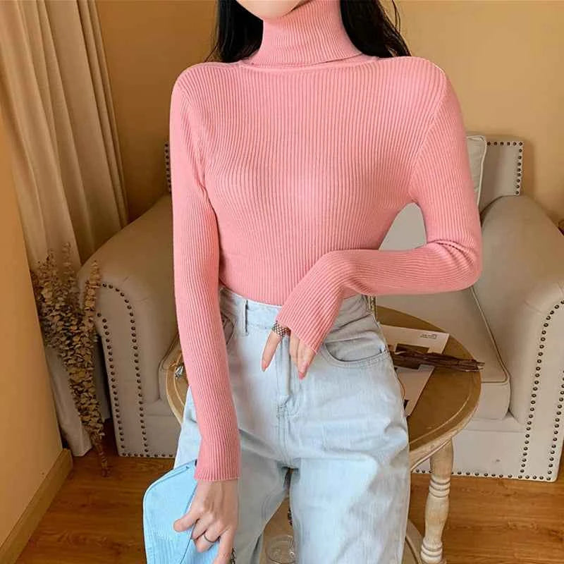 2026 Autumn Winter Women Long Sleeve Knitted Foldover Turtleneck Ribbed Pull Sweater Soft Warm Femme Jumper Pullover Clothes