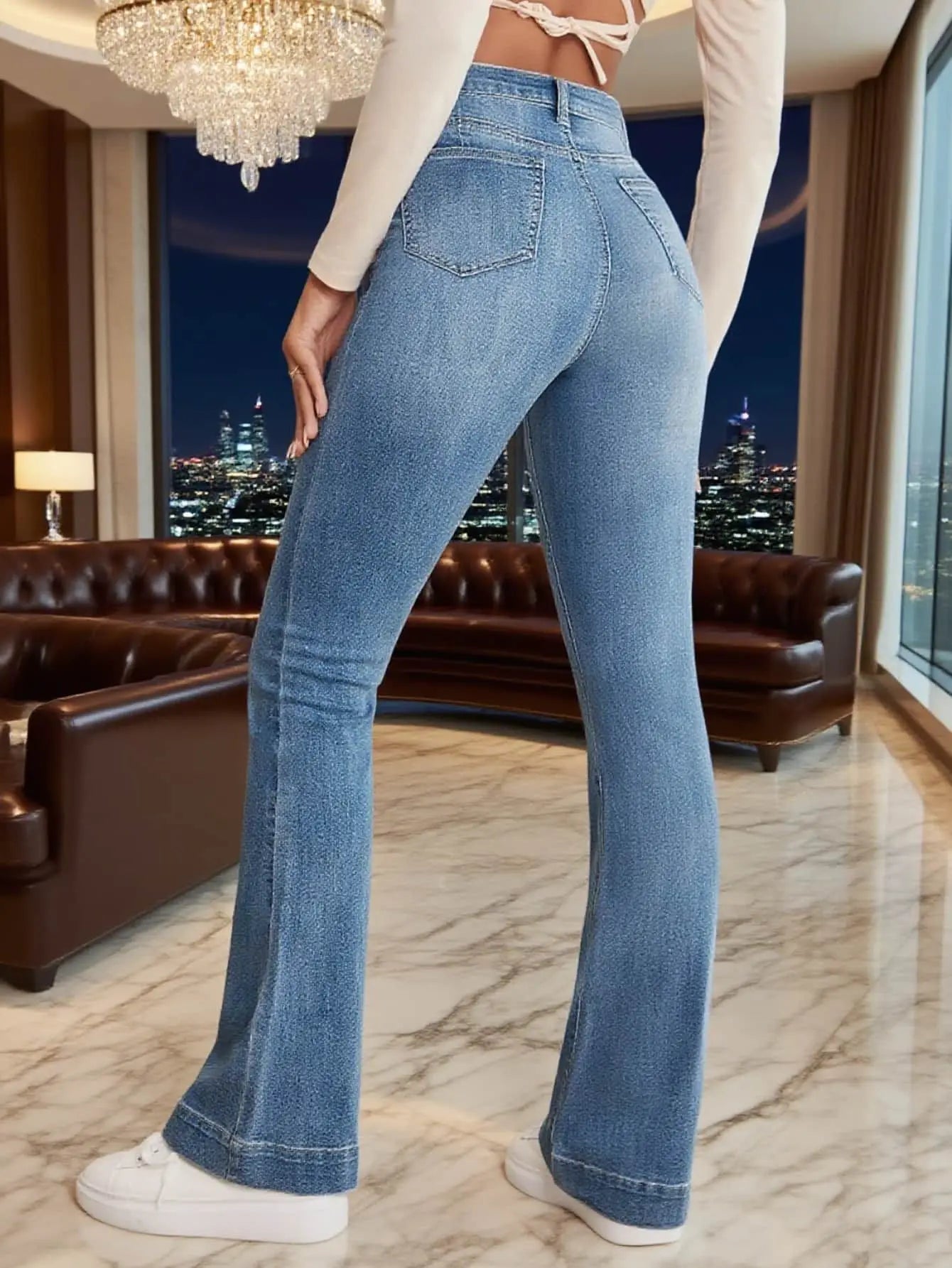 Gray Stretch Womens Flared Jeans Seam Detail Simple Design Versatile Slimming Bootcut Trousers Women's pants pants Jeans