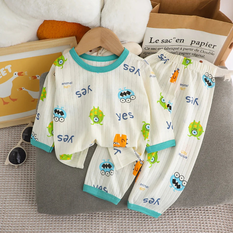 Summer Kids Cotton Pajama Sets Long Sleeve Pants Suitable Baby Gentle Nighttime Comfortable Sleepwear in Air Conditioned Rooms