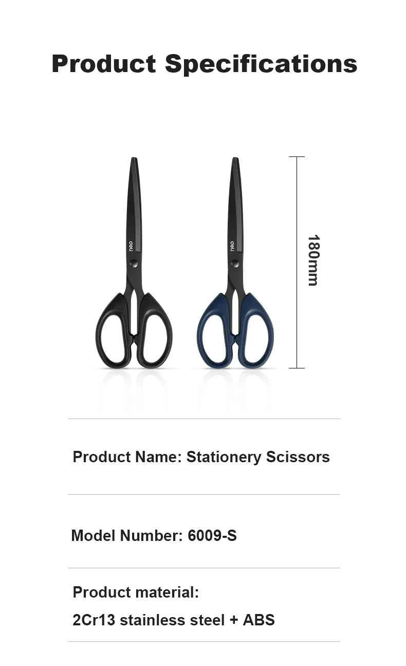 Deli Black Blade Scissors Stationery 180mm 7 Inch Stainless Steel Anti-Rust Sharp Office Home School Craft Cutting Tool