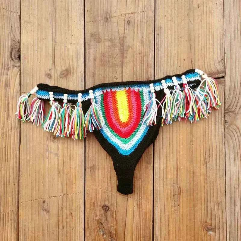 Handmade Crochet Bikini Set Rainbows Rasta Tassel Women Swimwear Push UP Sexy Swimsuit Vacation