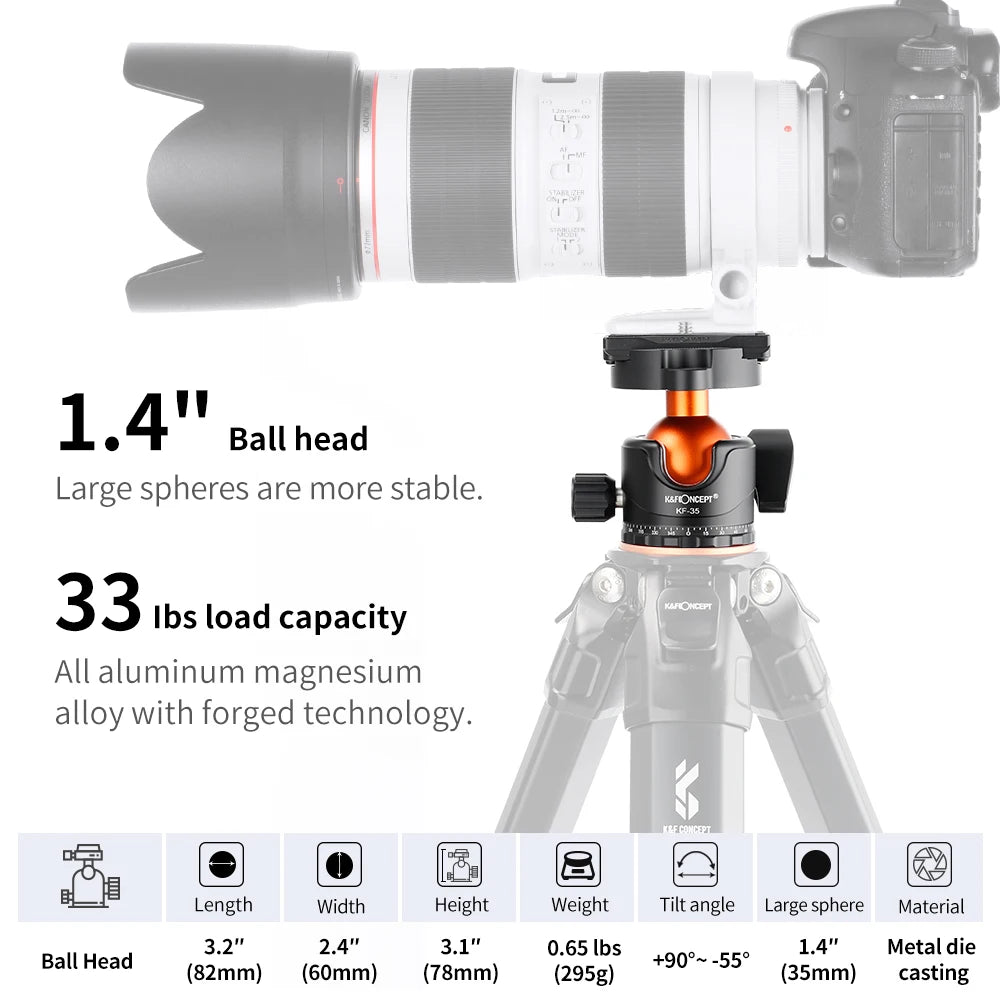 K&F CONCEPT Professional Tripod Ball Head 360° Rotation Panoramic 1/4" to 3/8" Srew Adapters BallHead for Tripod Monopod Camera